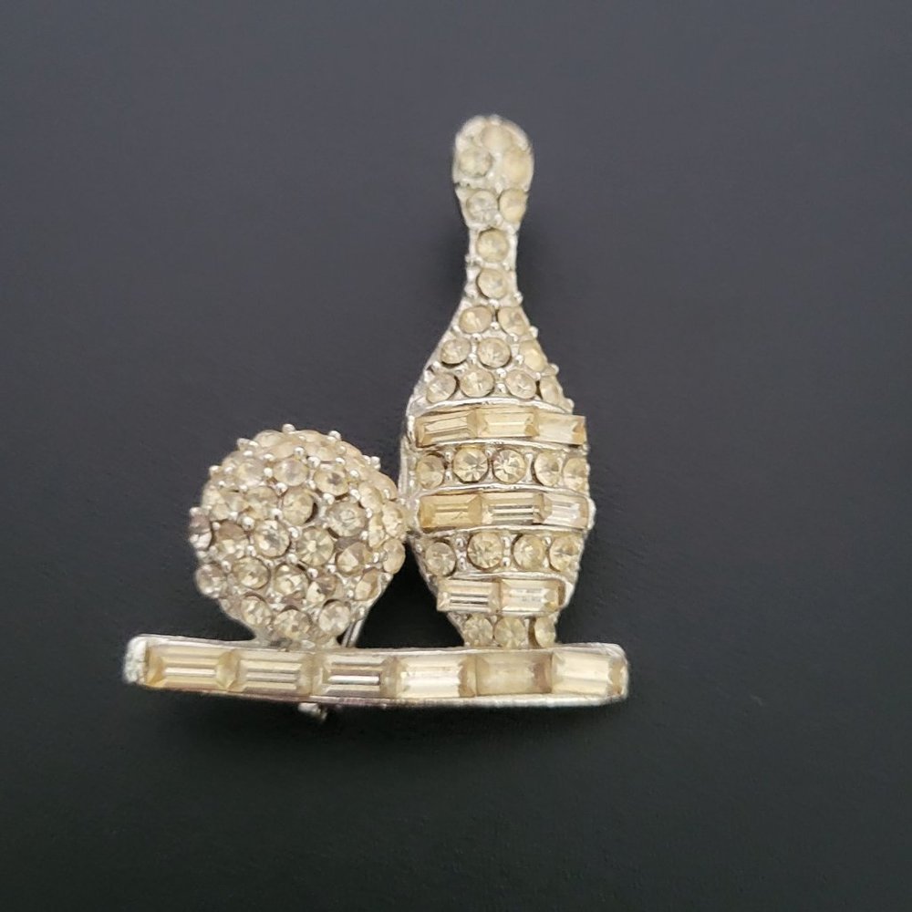 Rhinestone Bowling Pin and Ball Brooch Pin White Crystals Vtg 1 1/2" x 1 1/4"